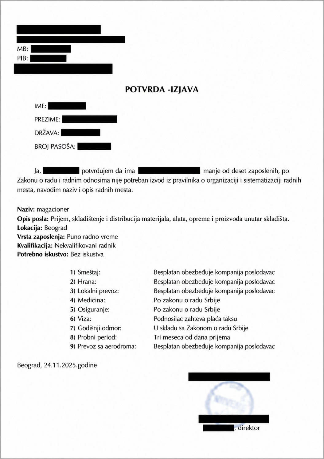 Redacted example of Statement of Position and Employment Terms