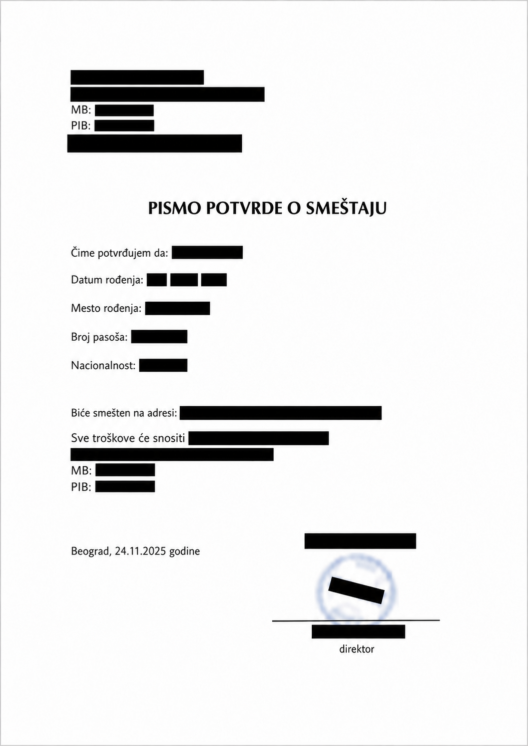 Redacted example of Proof of Accommodation